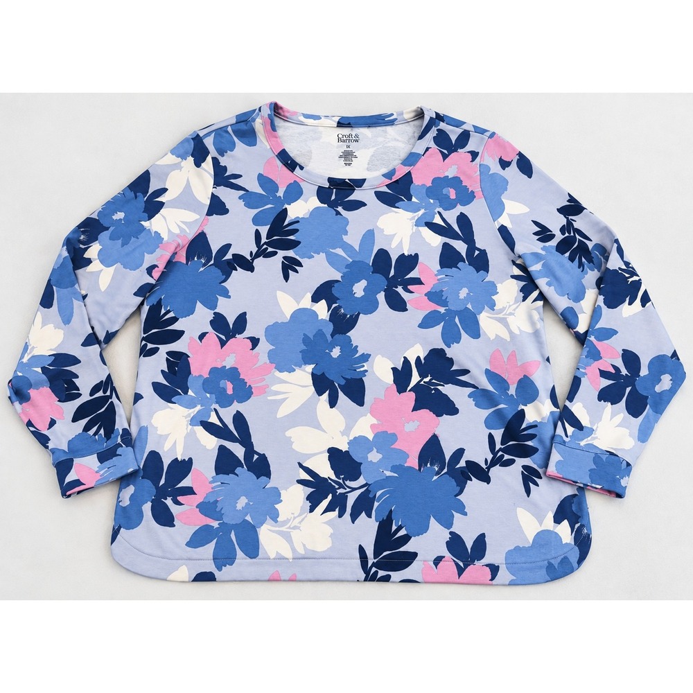 NWT Croft & Barrow The Essential Sweatshirt Floral Blue Pink Crew Neck 1X